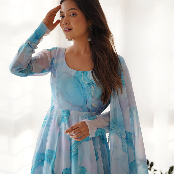 Lehenga Mart Sky Blue Organza Silk Designer Anarkali Suit Set