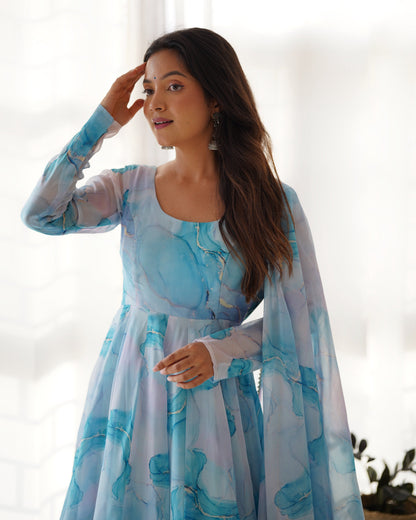 Lehenga Mart Sky Blue Organza Silk Designer Anarkali Suit Set - Distacart