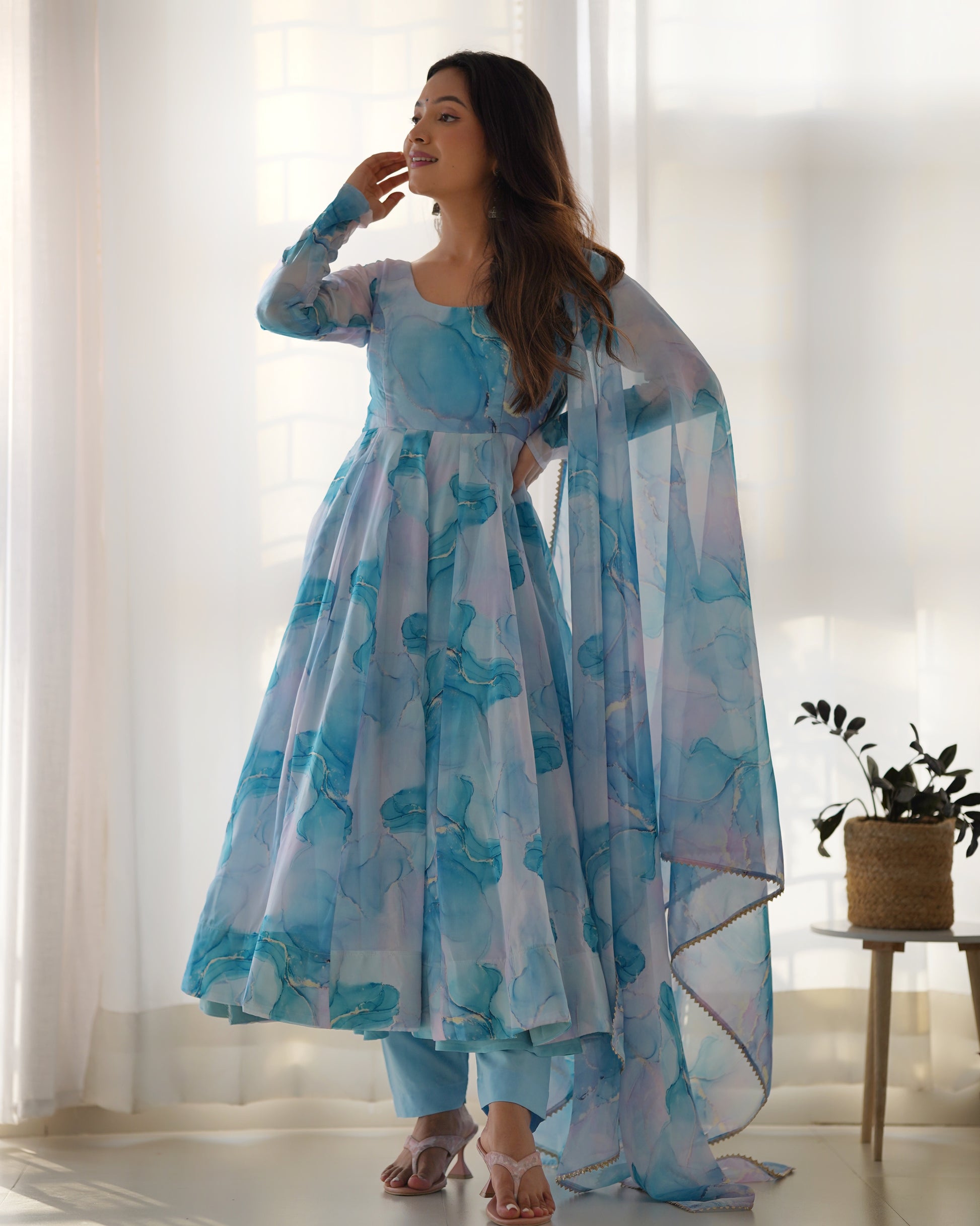 Lehenga Mart Sky Blue Organza Silk Designer Anarkali Suit Set - Distacart