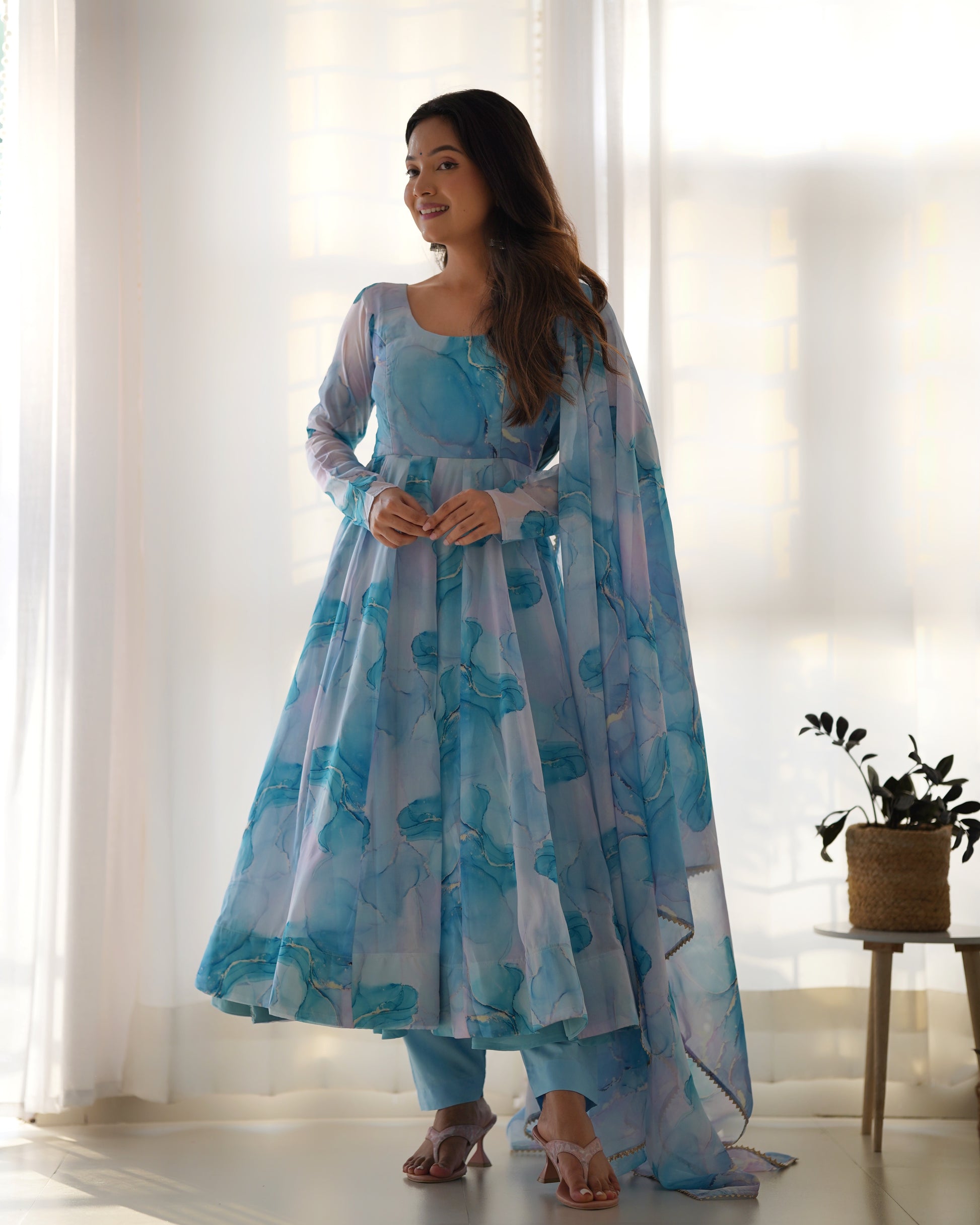 Lehenga Mart Sky Blue Organza Silk Designer Anarkali Suit Set - Distacart