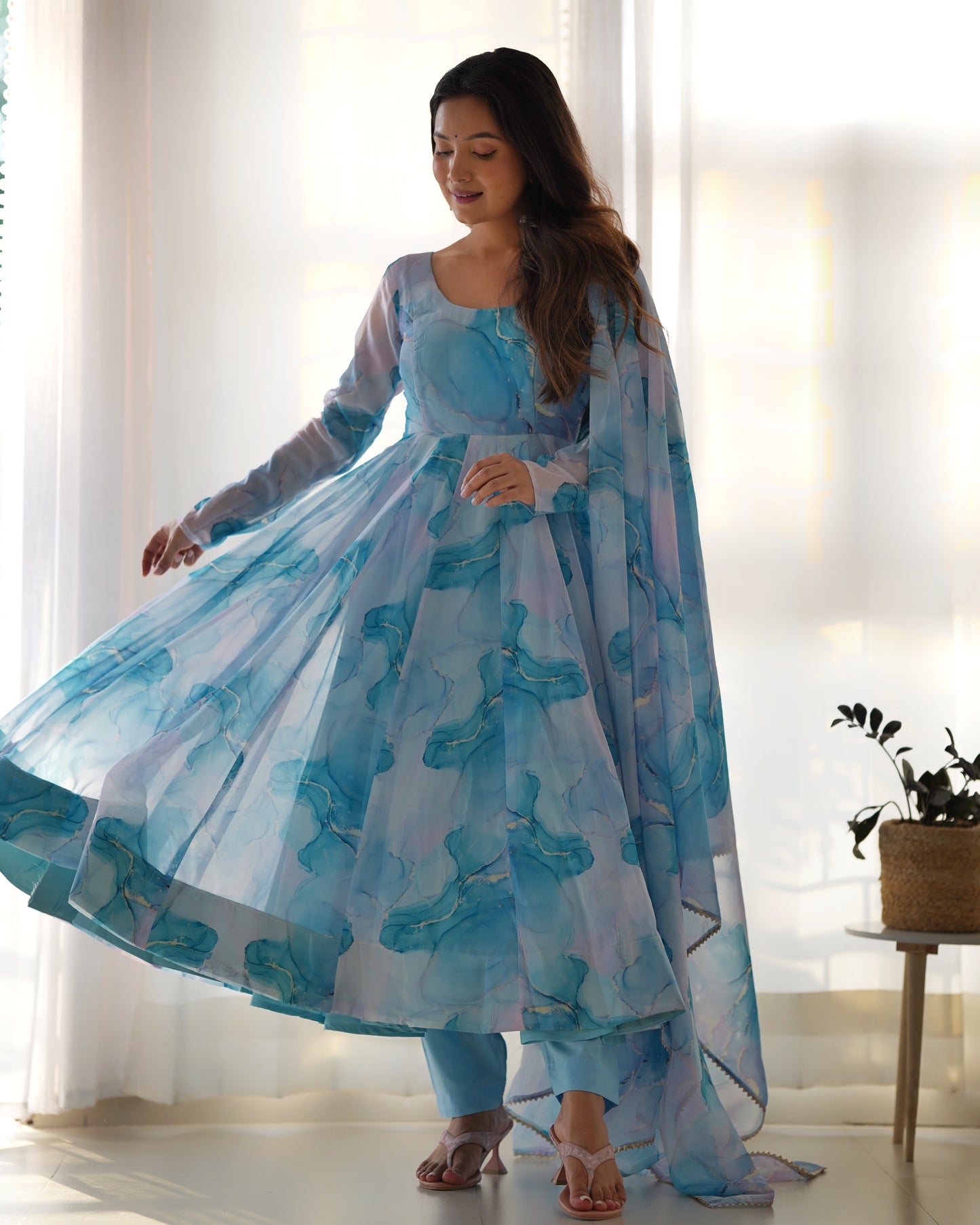 Lehenga Mart Sky Blue Organza Silk Designer Anarkali Suit Set - Distacart
