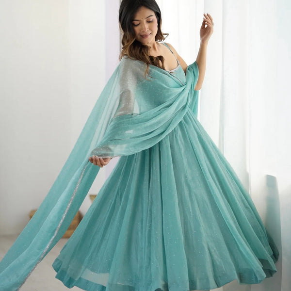 Lehenga Mart Aqua Crunchy Silk Designer Anarkali Suit Set