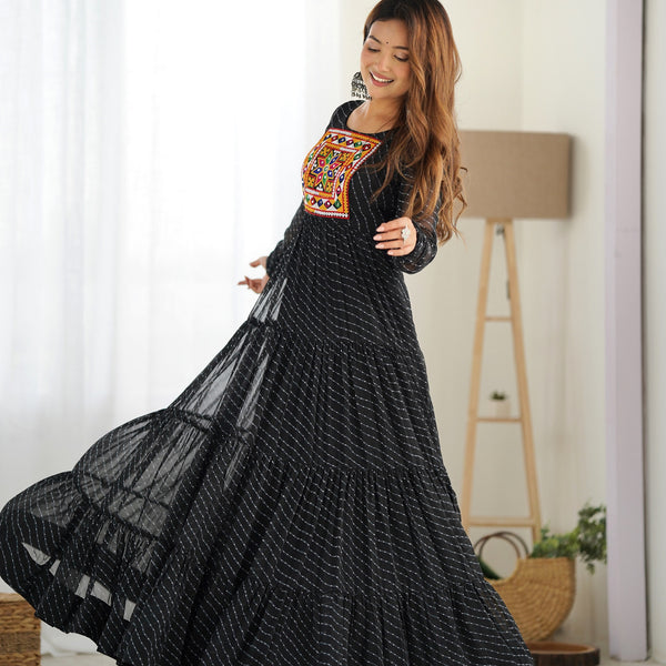 Lehenga Mart Black Faux Georgette Laheriya Print Fully Flair Anarkali Gown For Navratri - Distacart