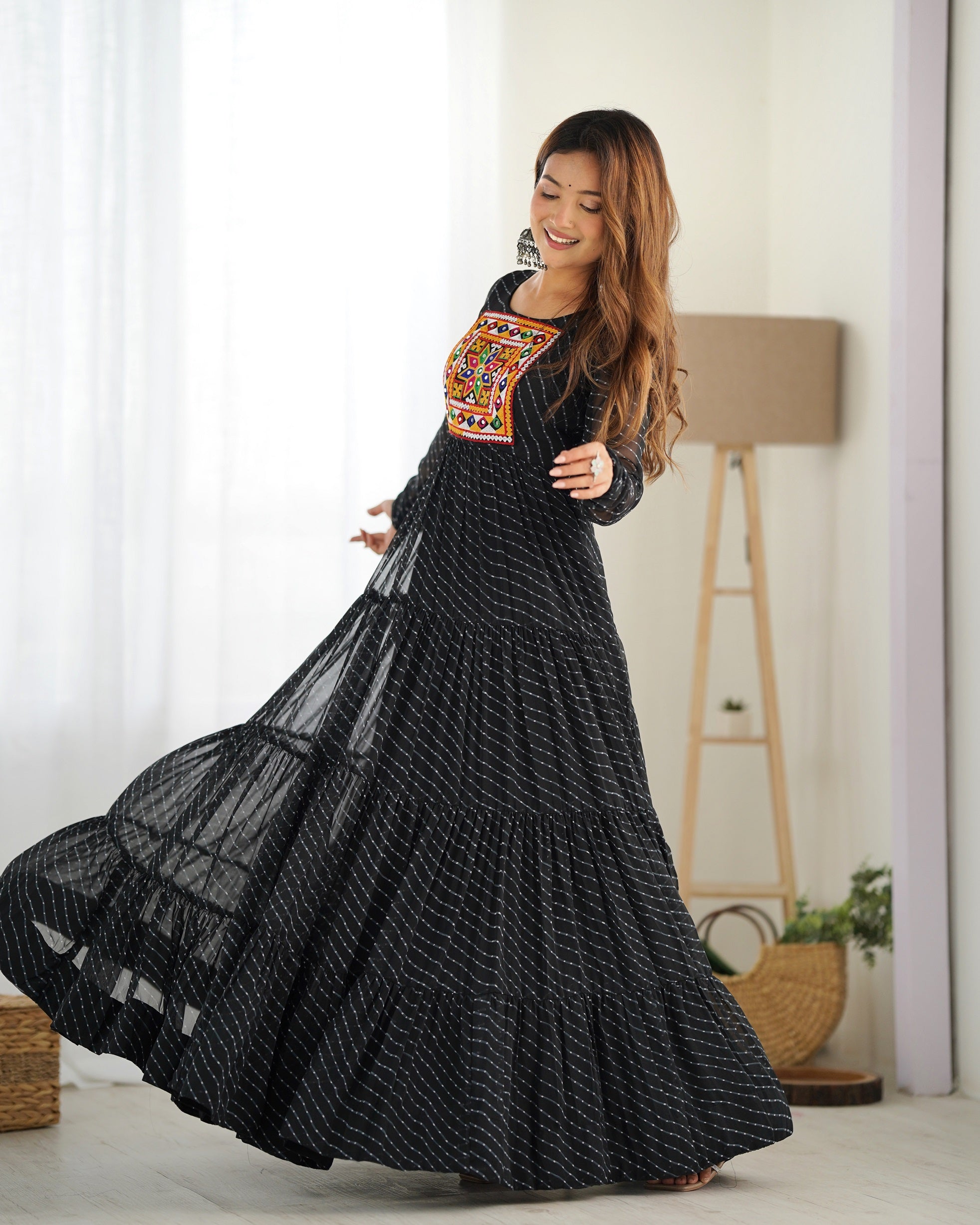 Lehenga Mart Black Faux Georgette Laheriya Print Fully Flair Anarkali Gown For Navratri - Distacart