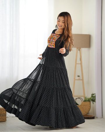 Lehenga Mart Black Faux Georgette Laheriya Print Fully Flair Anarkali Gown For Navratri - Distacart