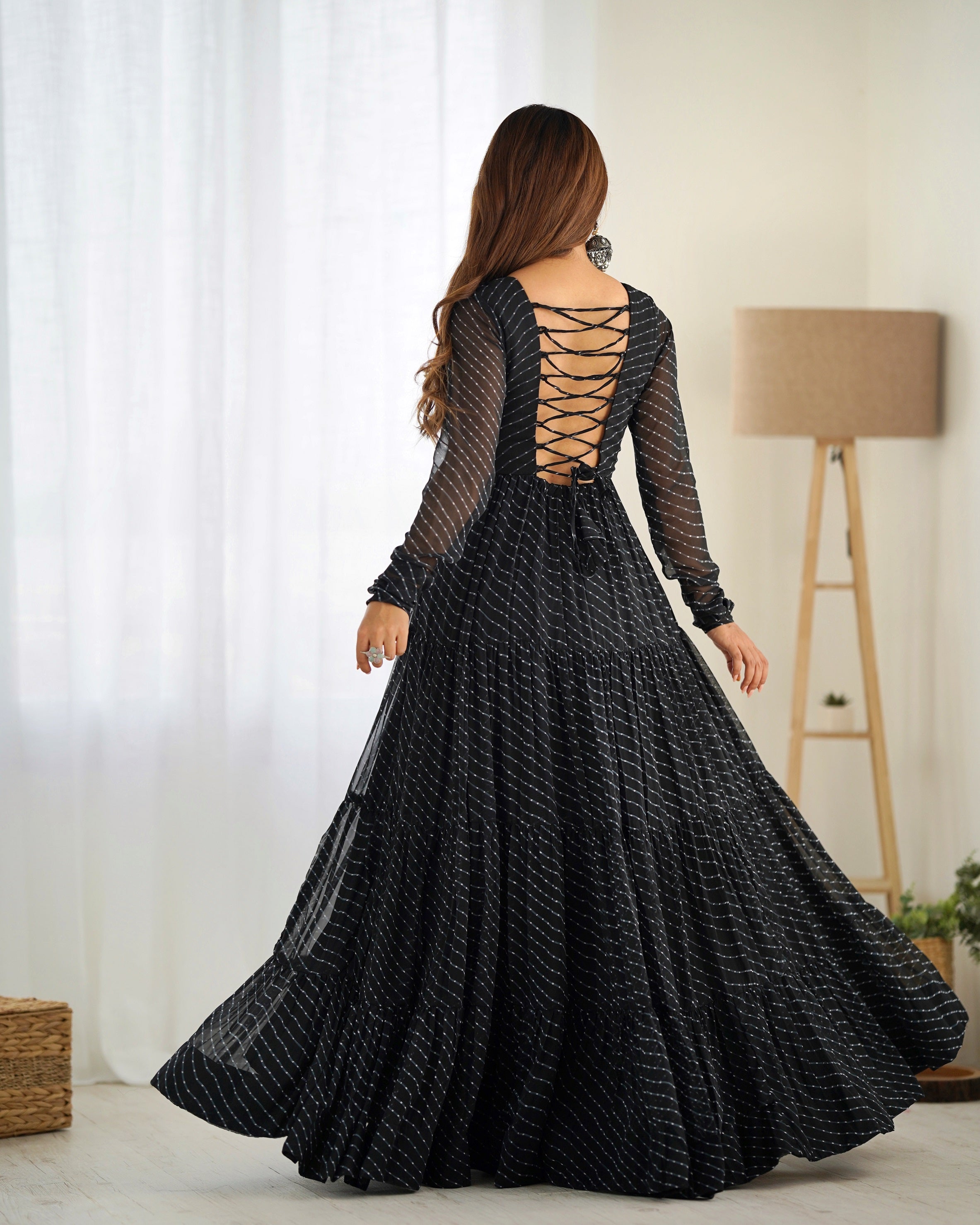 Lehenga Mart Black Faux Georgette Laheriya Print Fully Flair Anarkali Gown For Navratri