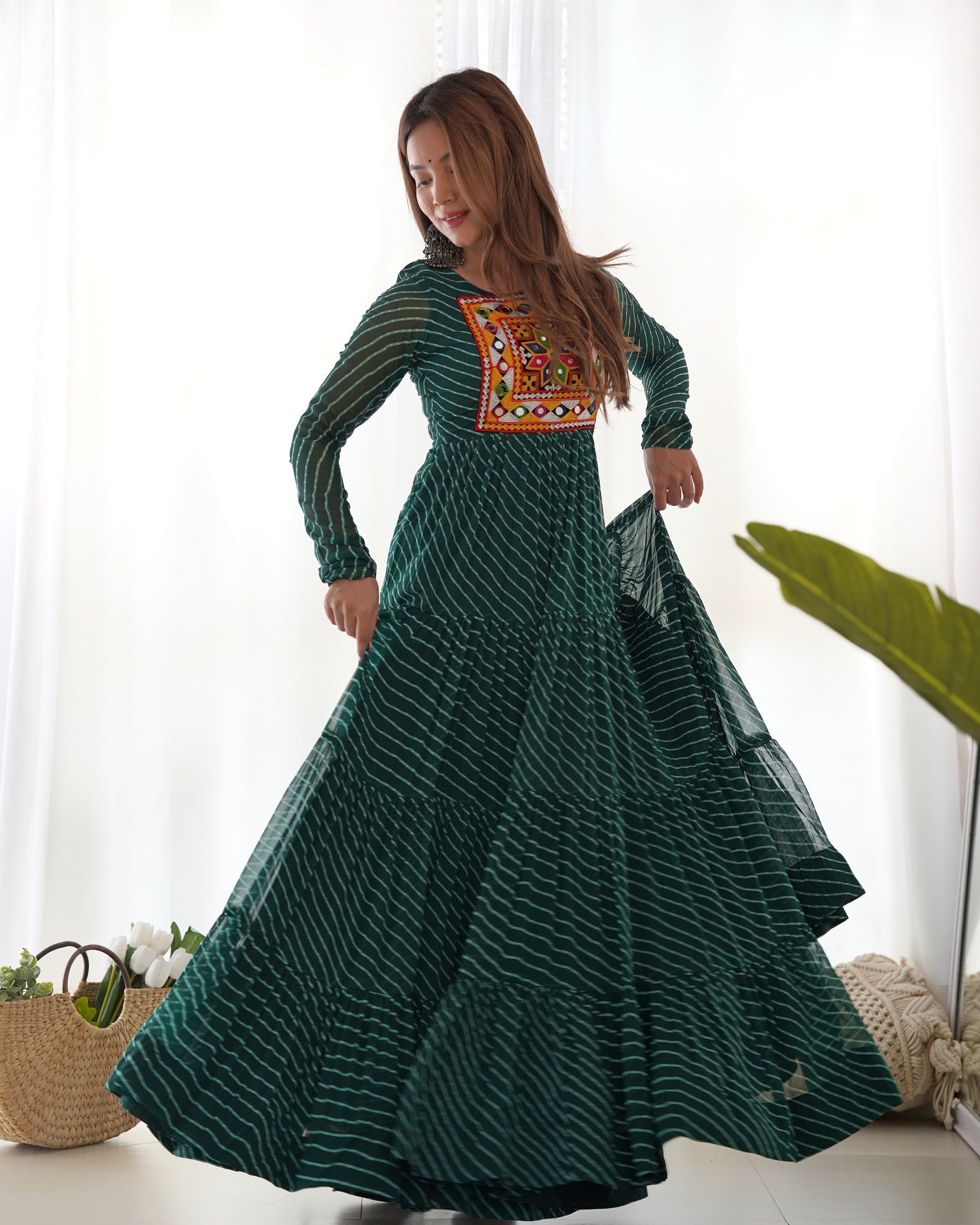 Lehenga Mart Bottle Green Faux Georgette Laheriya Print Fully Flair Anarkali Gown For Navratri
