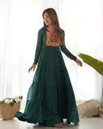 Thumbnail for Lehenga Mart Bottle Green Faux Georgette Laheriya Print Fully Flair Anarkali Gown For Navratri