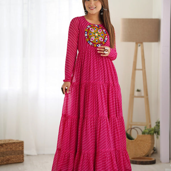 Lehenga Mart Rani Pink Faux Georgette Laheriya Print Fully Flair Anarkali Gown For Navratri - Distacart