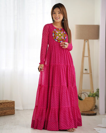 Lehenga Mart Rani Pink Faux Georgette Laheriya Print Fully Flair Anarkali Gown For Navratri - Distacart