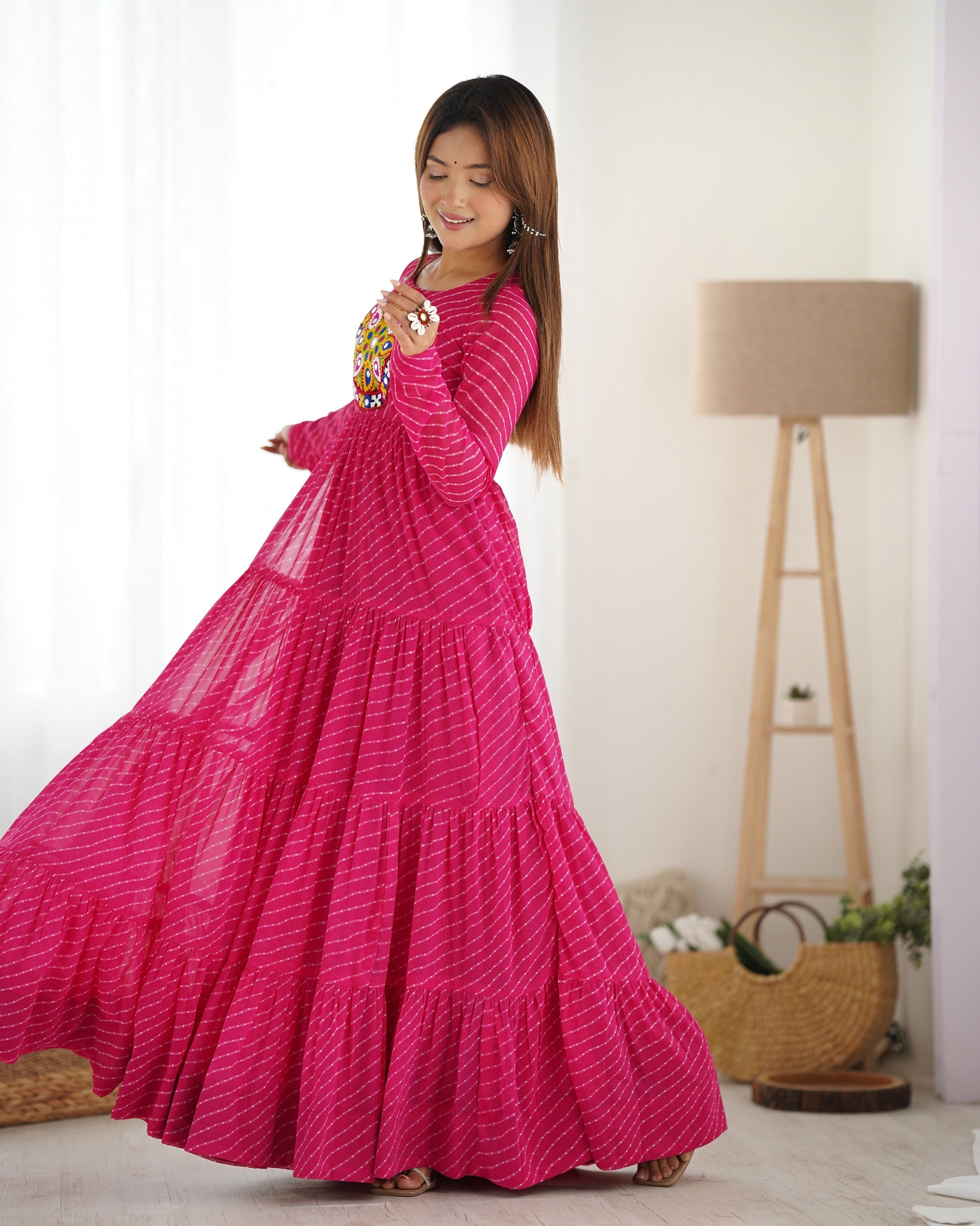 Lehenga Mart Rani Pink Faux Georgette Laheriya Print Fully Flair Anarkali Gown For Navratri