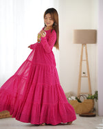Thumbnail for Lehenga Mart Rani Pink Faux Georgette Laheriya Print Fully Flair Anarkali Gown For Navratri