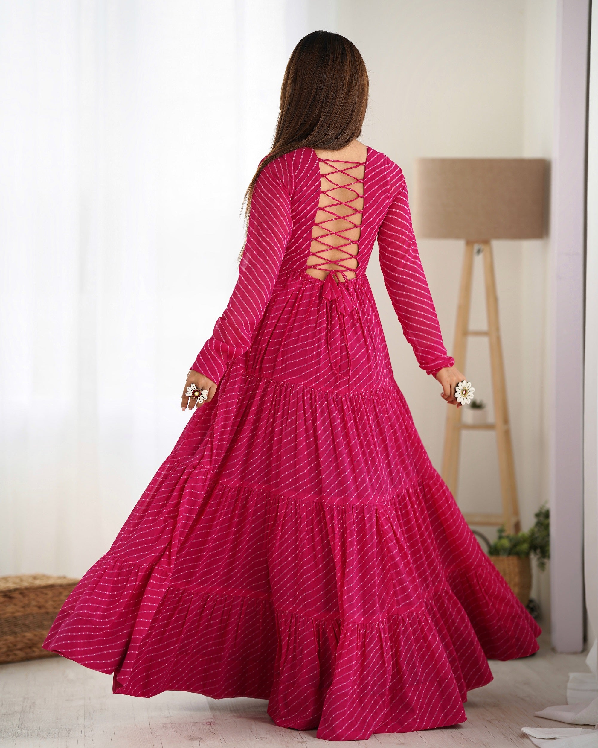 Lehenga Mart Rani Pink Faux Georgette Laheriya Print Fully Flair Anarkali Gown For Navratri