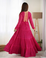 Thumbnail for Lehenga Mart Rani Pink Faux Georgette Laheriya Print Fully Flair Anarkali Gown For Navratri