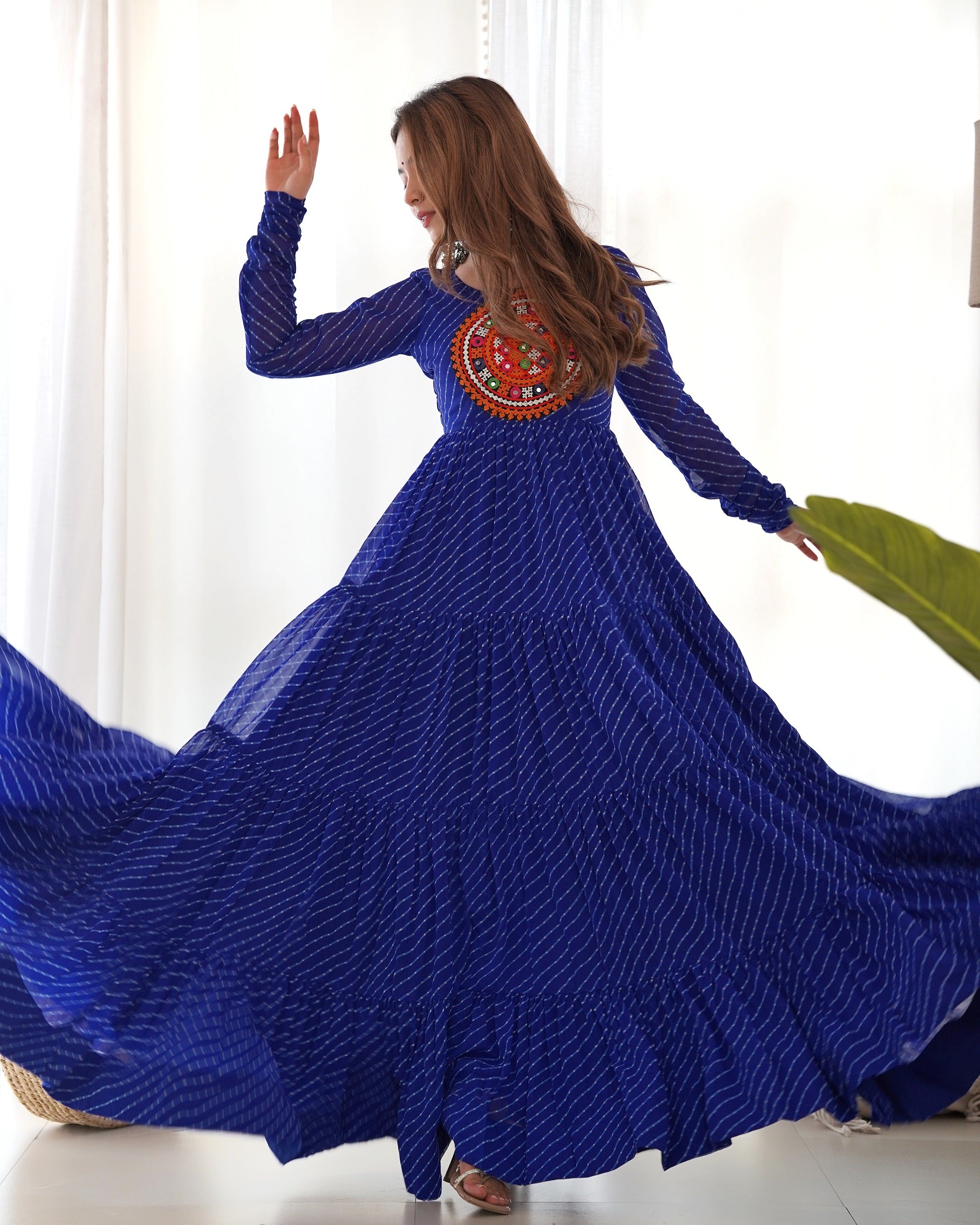 Lehenga Mart Royal Blue Faux Georgette Laheriya Print Fully Flair Anarkali Gown For Navratri