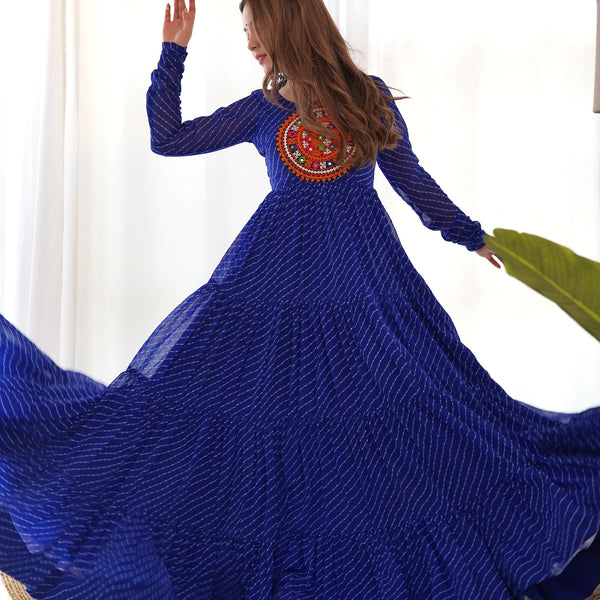 Lehenga Mart Royal Blue Faux Georgette Laheriya Print Fully Flair Anarkali Gown For Navratri - Distacart