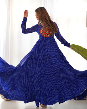 Lehenga Mart Royal Blue Faux Georgette Laheriya Print Fully Flair Anarkali Gown For Navratri - Distacart