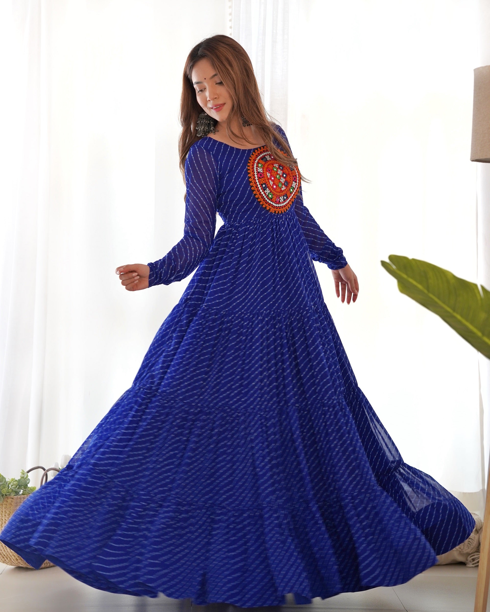 Lehenga Mart Royal Blue Faux Georgette Laheriya Print Fully Flair Anarkali Gown For Navratri