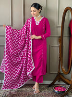 Thumbnail for The52 Lemon Women Embroidered Viscose Straight Kurta Pant Dupatta Set