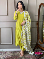 Thumbnail for The52 Lemon Women Embroidered Viscose Straight Kurta Pant Dupatta Set