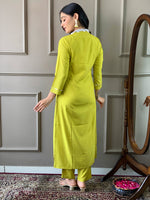 Thumbnail for The52 Lemon Women Embroidered Viscose Straight Kurta Pant Dupatta Set