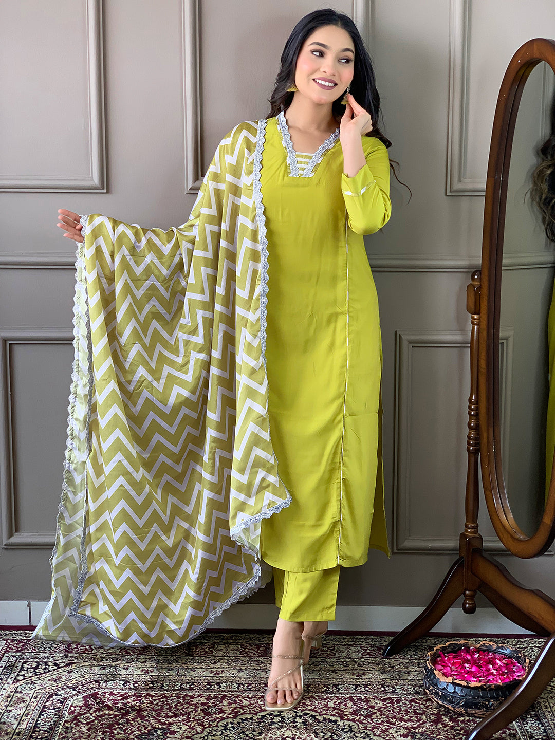 The52 Lemon Women Embroidered Viscose Straight Kurta Pant Dupatta Set