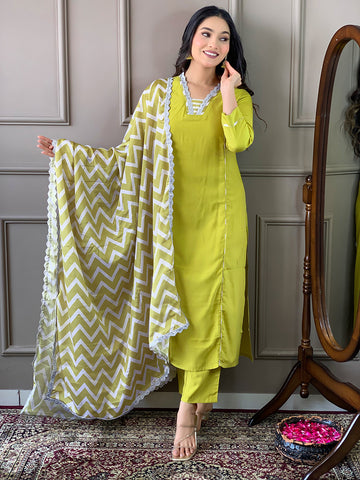 The52 Lemon Women Embroidered Viscose Straight Kurta Pant Dupatta Set - Distacart