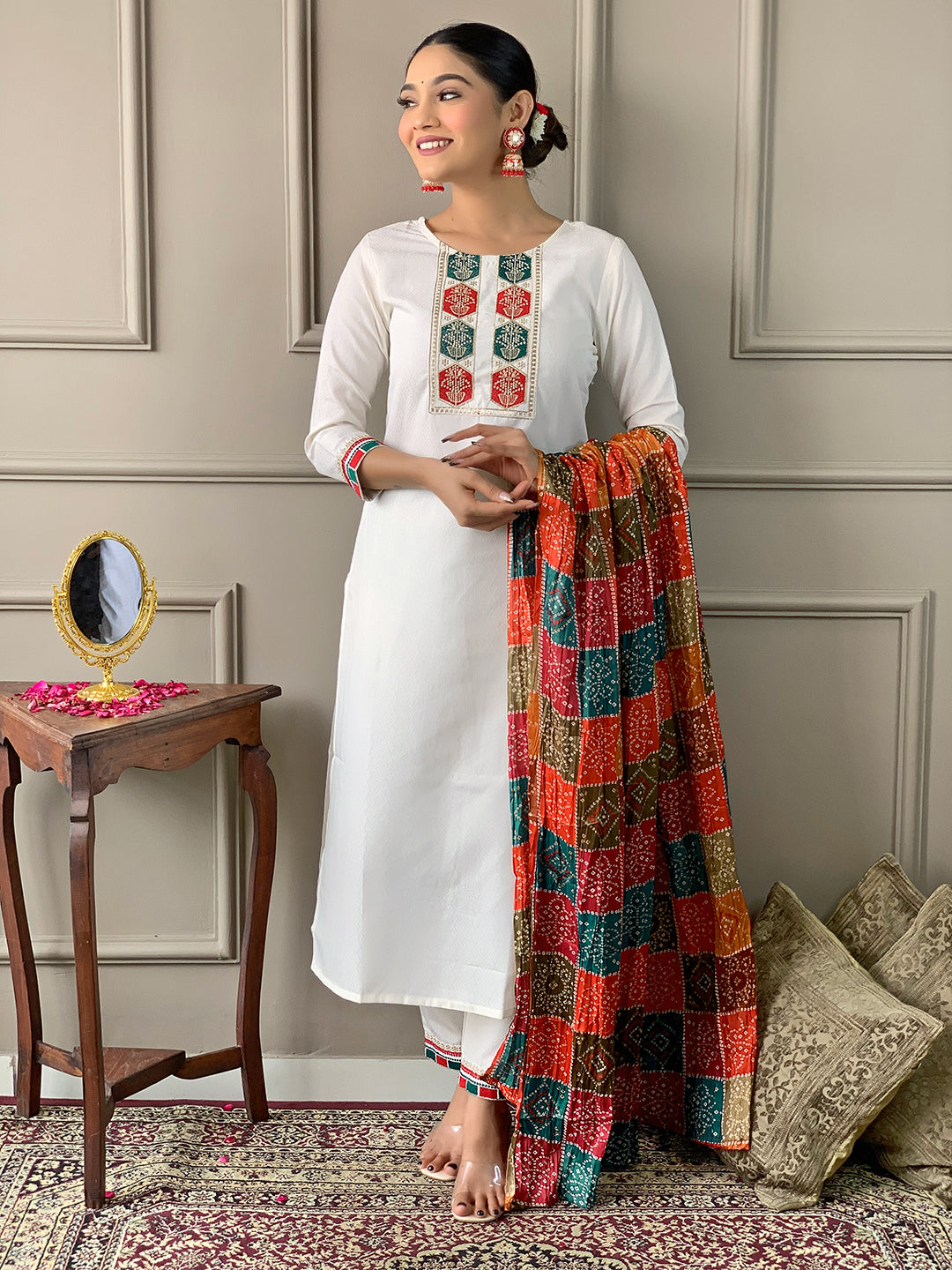 The52 White Embroidered Viscose Fabric Straight Kurta, Pant and Dupatta Set