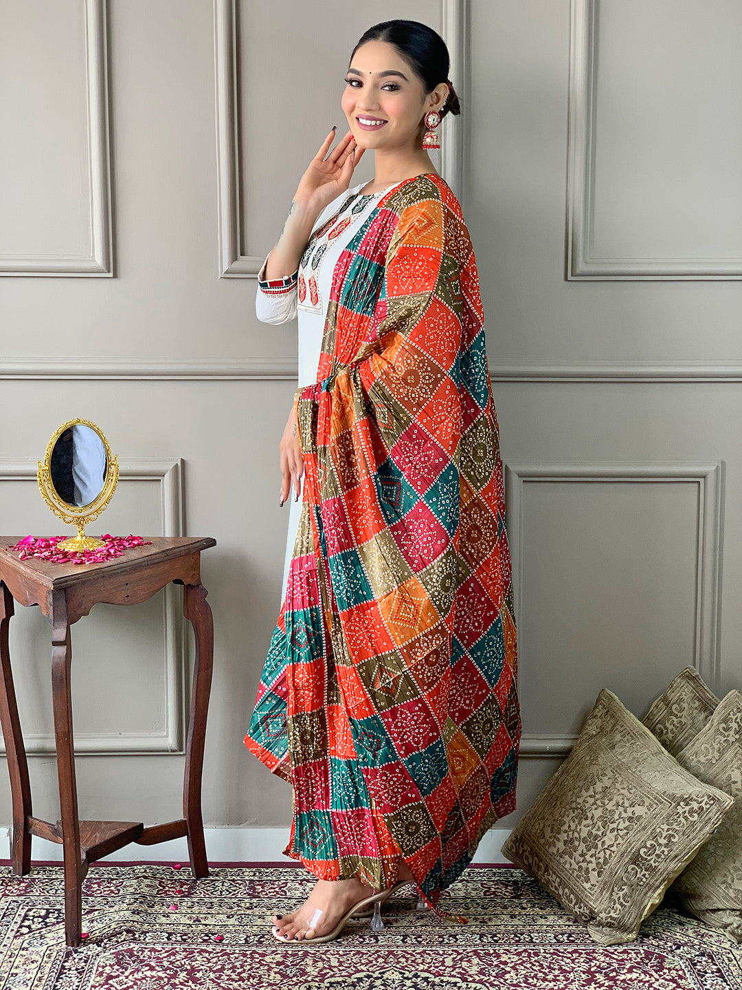 The52 White Embroidered Viscose Fabric Straight Kurta, Pant and Dupatta Set