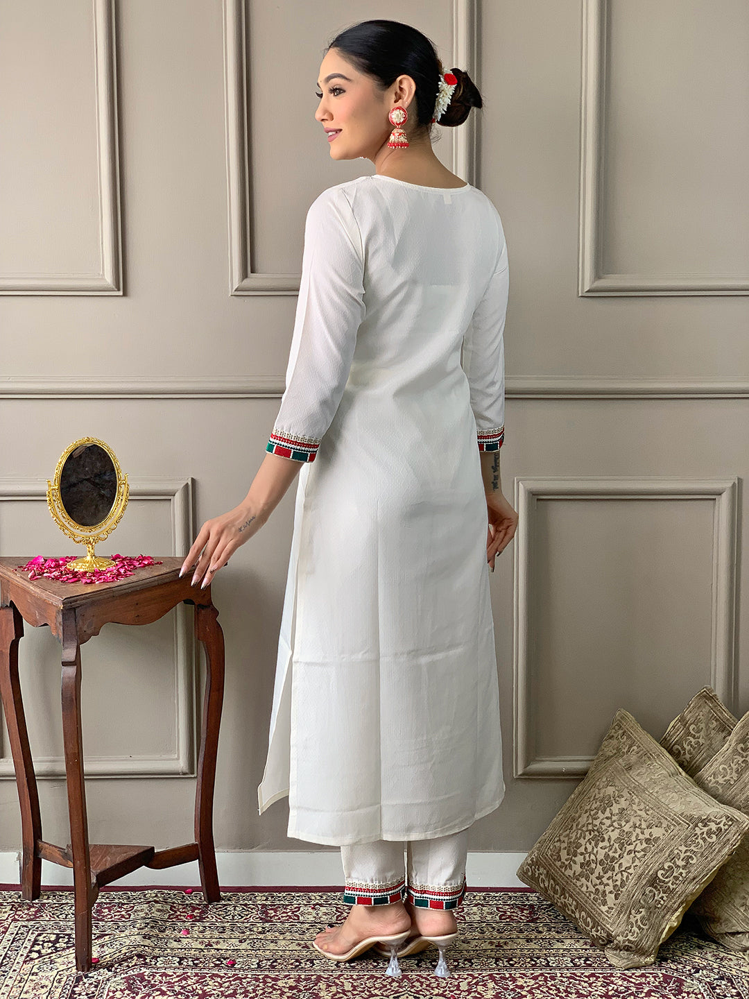 The52 White Embroidered Viscose Fabric Straight Kurta, Pant and Dupatta Set