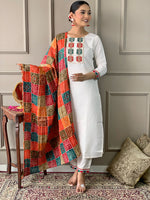 Thumbnail for The52 White Embroidered Viscose Fabric Straight Kurta, Pant and Dupatta Set