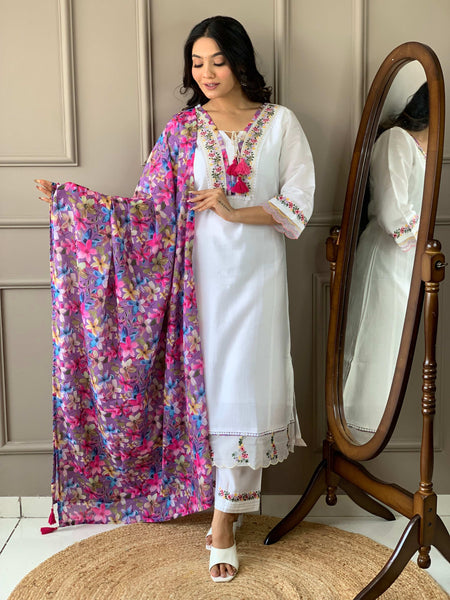 The52 Women White Chanderi Embroidered Kurta Pant Dupatta Set