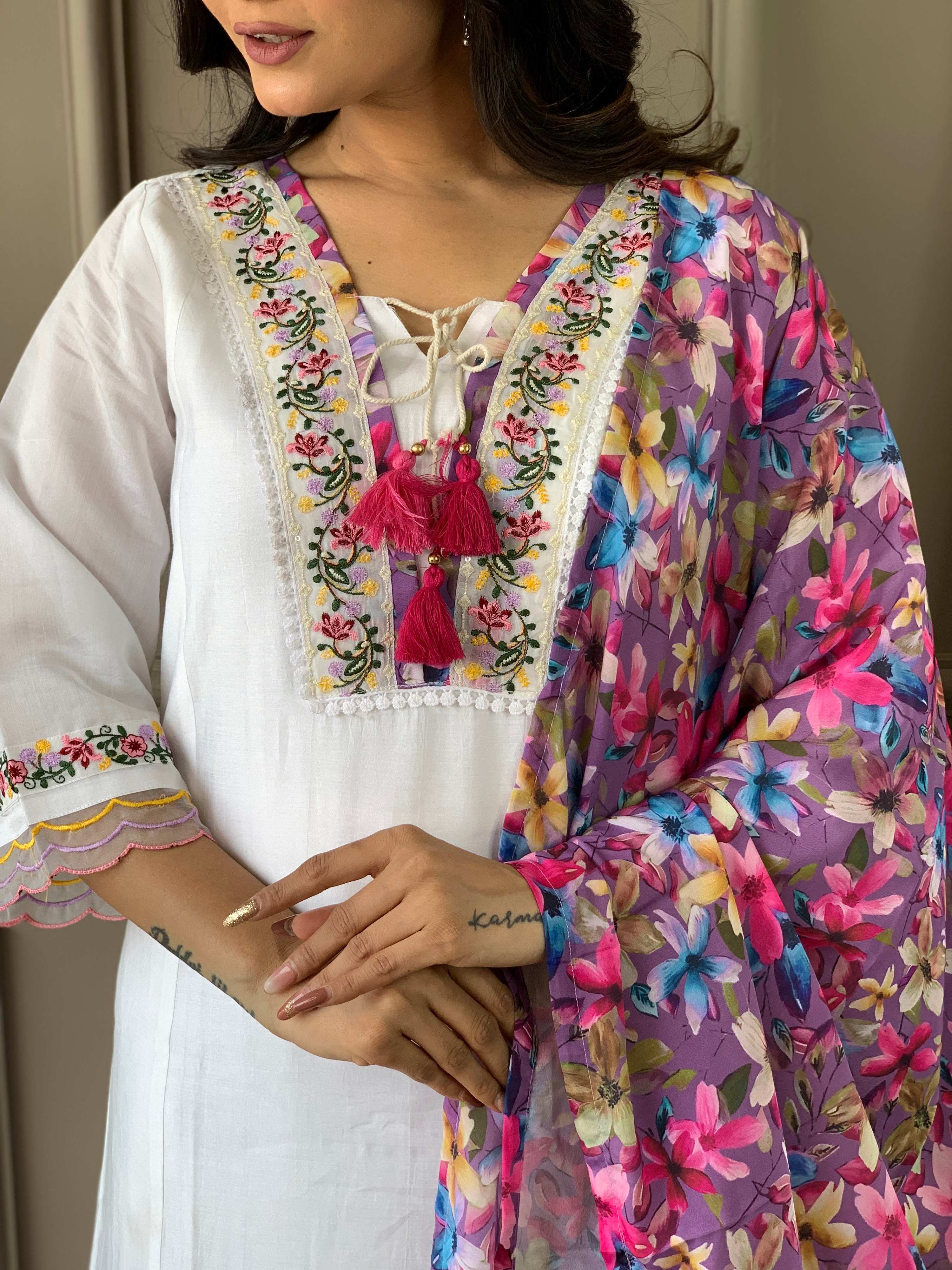 The52 Women White Chanderi Embroidered Kurta Pant Dupatta Set
