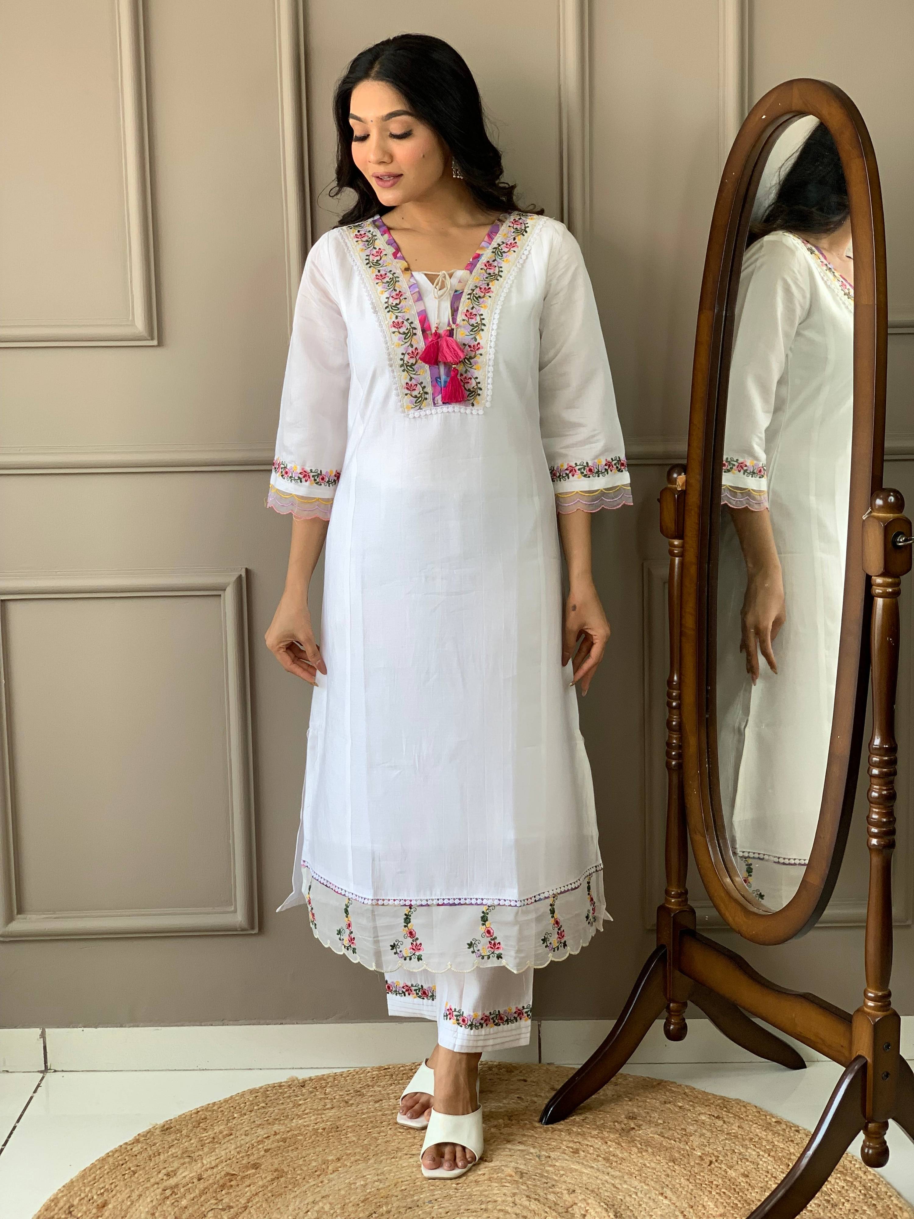 The52 Women White Chanderi Embroidered Kurta Pant Dupatta Set