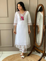 Thumbnail for The52 Women White Chanderi Embroidered Kurta Pant Dupatta Set