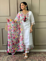 Thumbnail for The52 Women White Chanderi Embroidered Kurta Pant Dupatta Set