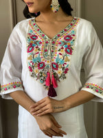 Thumbnail for The52 Women White Chanderi Embroidered Kurta Pant Dupatta Set
