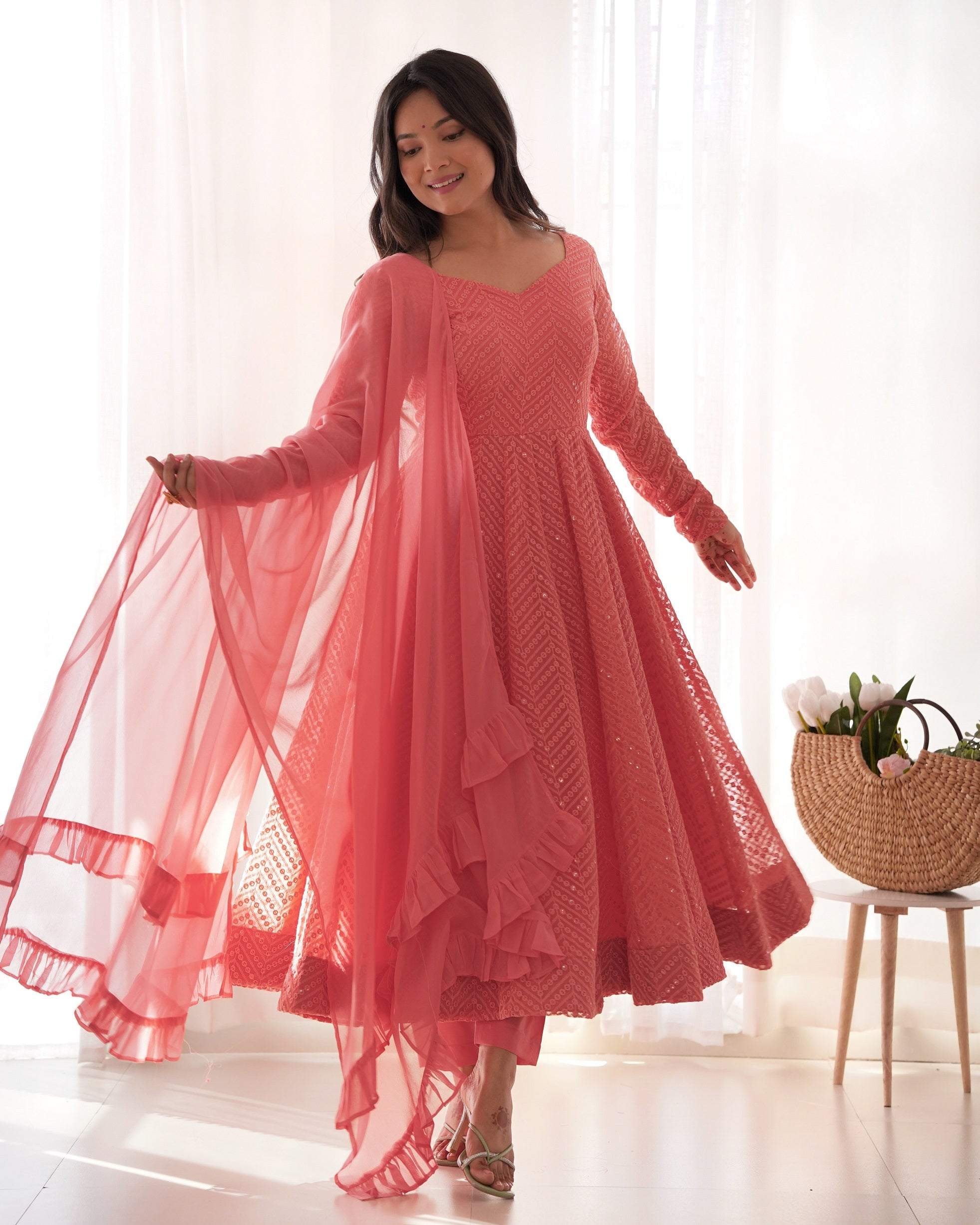 Lehenga Mart Peach Faux Georgette Classic Lukhnowi Georgette Fabric Anarkali Suit Set - Distacart