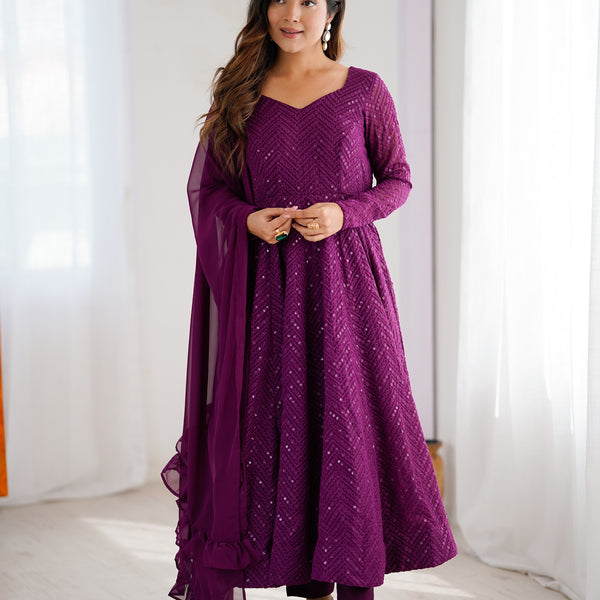 Lehenga Mart Wine Faux Georgette Classic Lukhnowi Georgette Fabric Anarkali Suit Set - Distacart