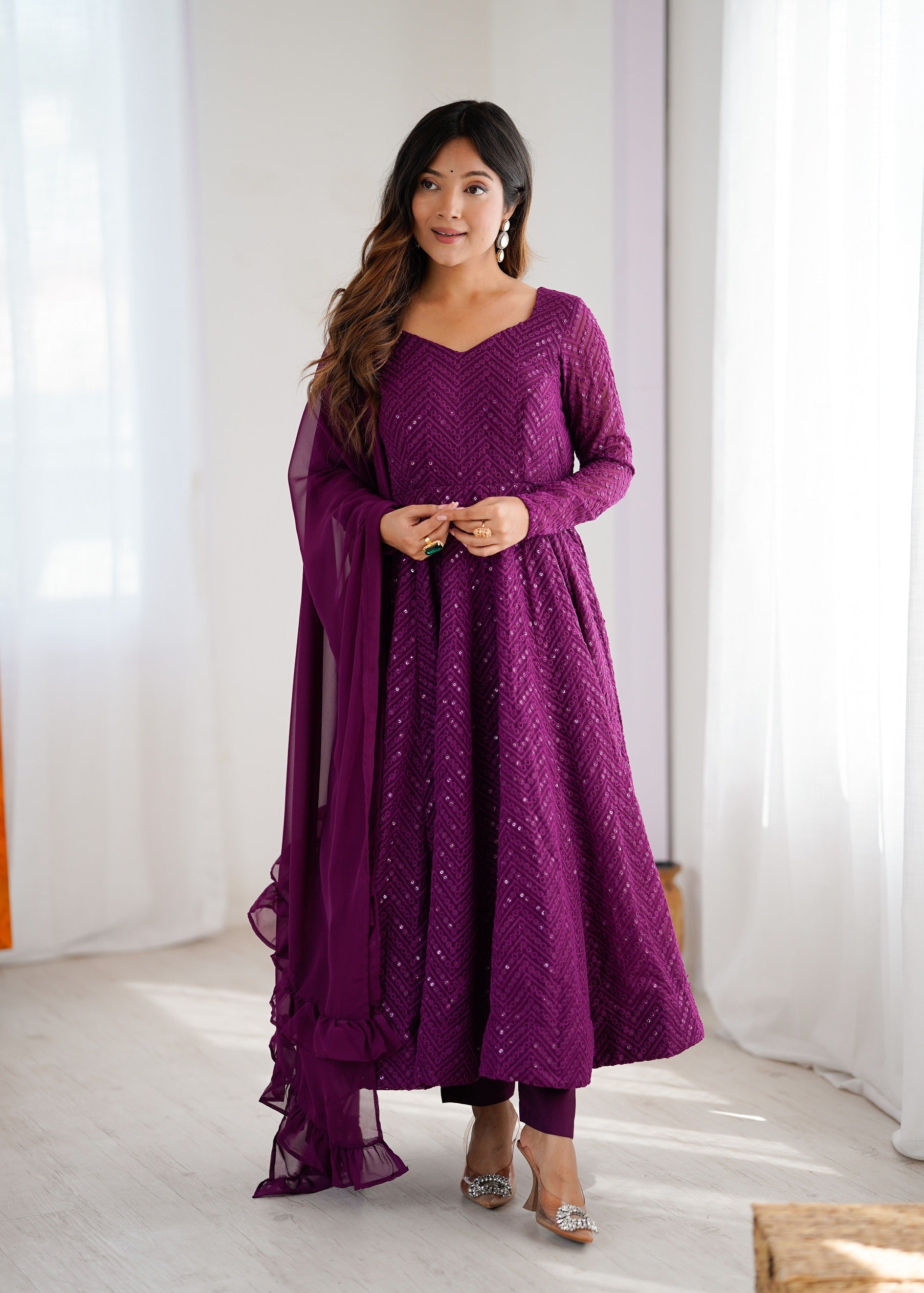 Lehenga Mart Wine Faux Georgette Classic Lukhnowi Georgette Fabric Anarkali Suit Set - Distacart