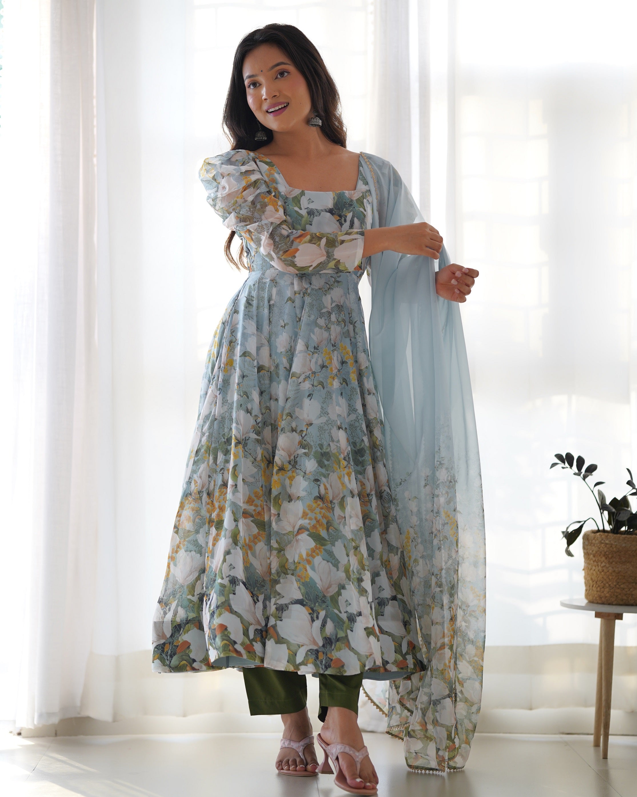 Lehenga Mart Multi Color Organza Silk Designer Organza Silk Floral Printed Anarkali Gown Suit - Distacart