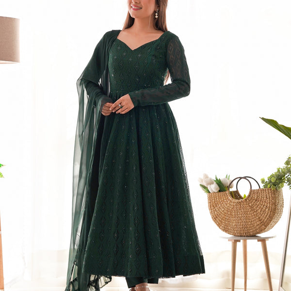 Lehenga Mart Green Faux Georgette Classic Lukhnowi Georgette Fabric Anarkali Suit Set - Distacart