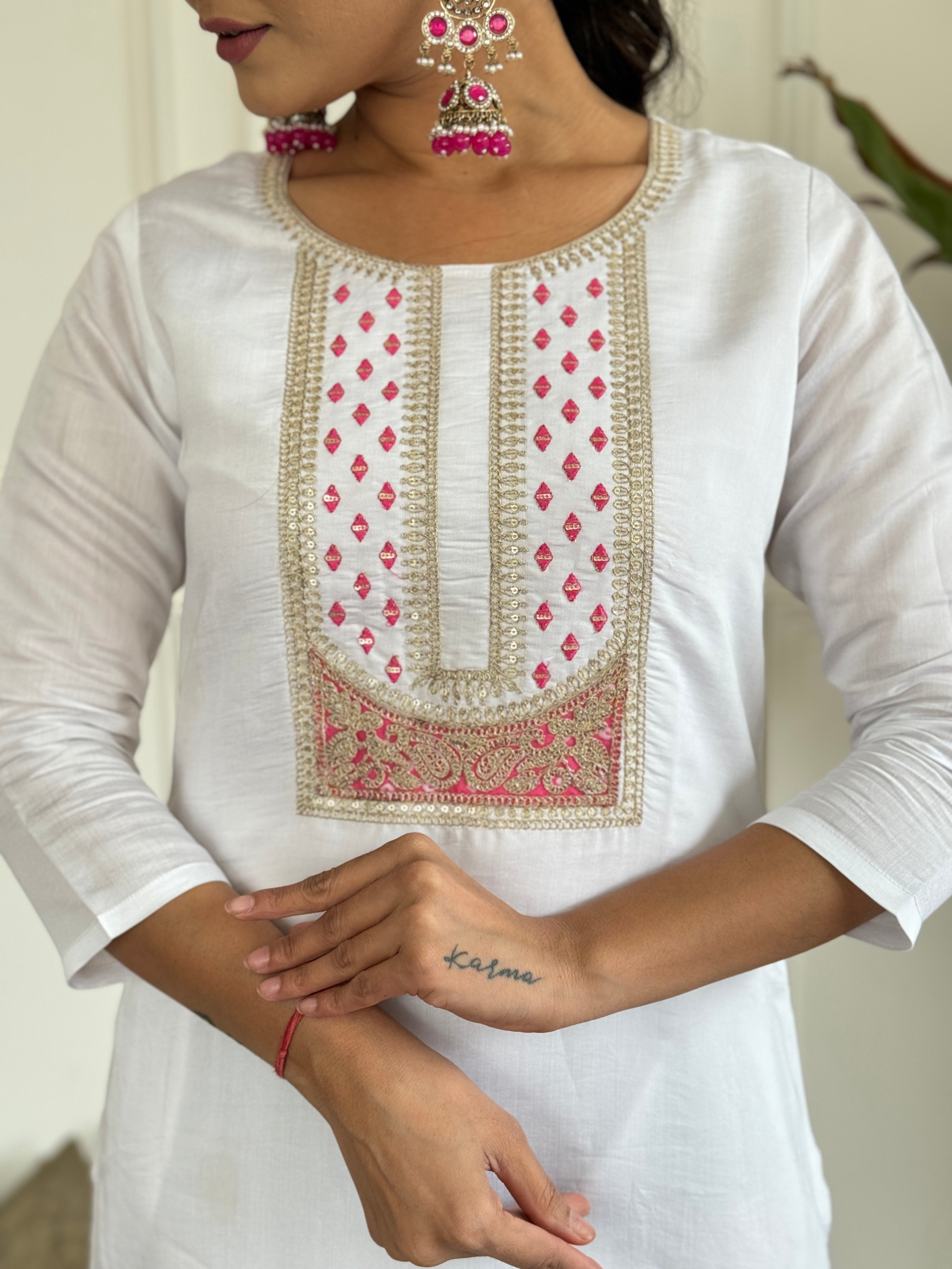 The52 Women's White Viscose Rayon Embroidered Straight Kurta with Pant And Dupatta Set