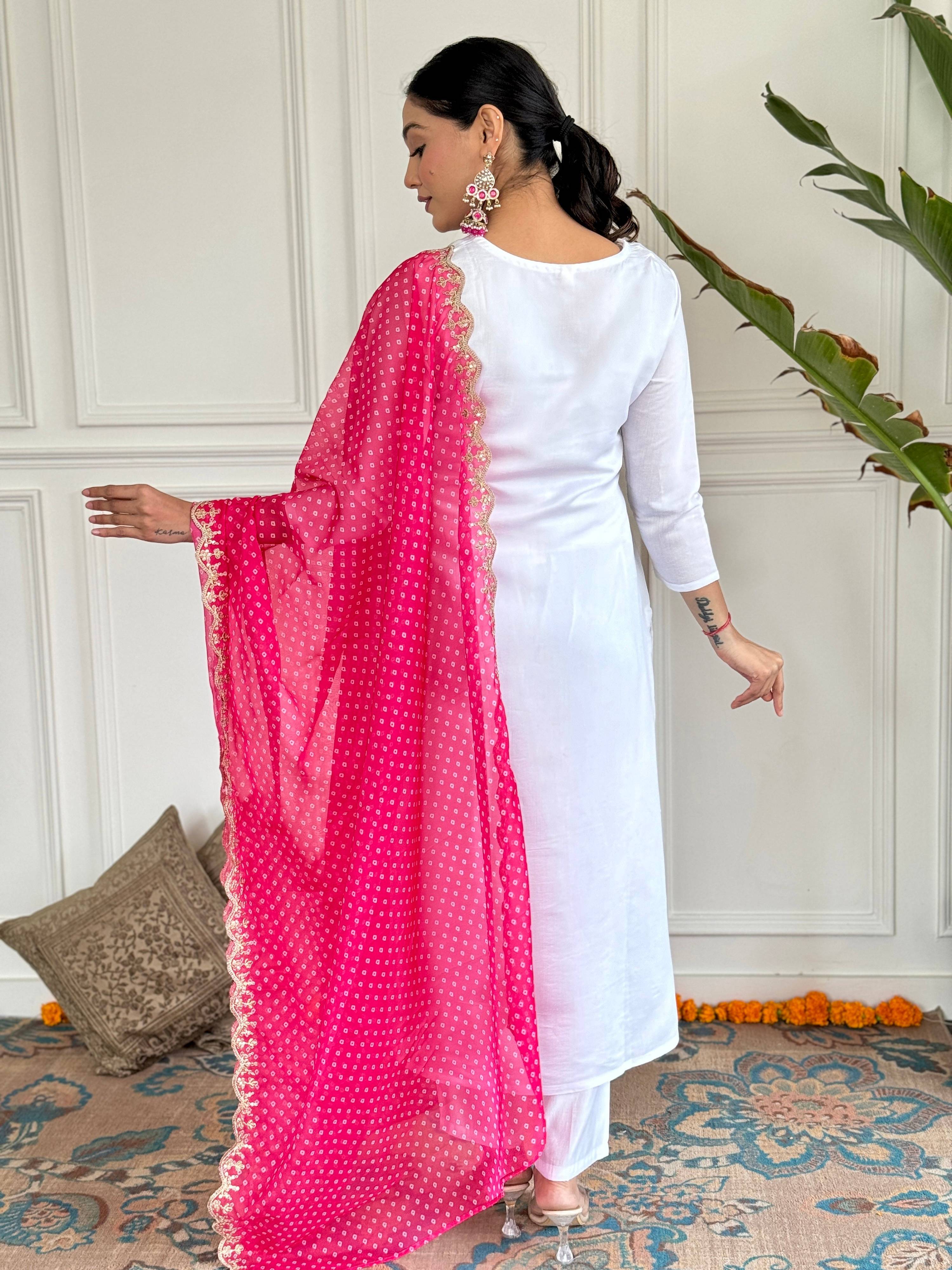 The52 Women's White Viscose Rayon Embroidered Straight Kurta with Pant And Dupatta Set