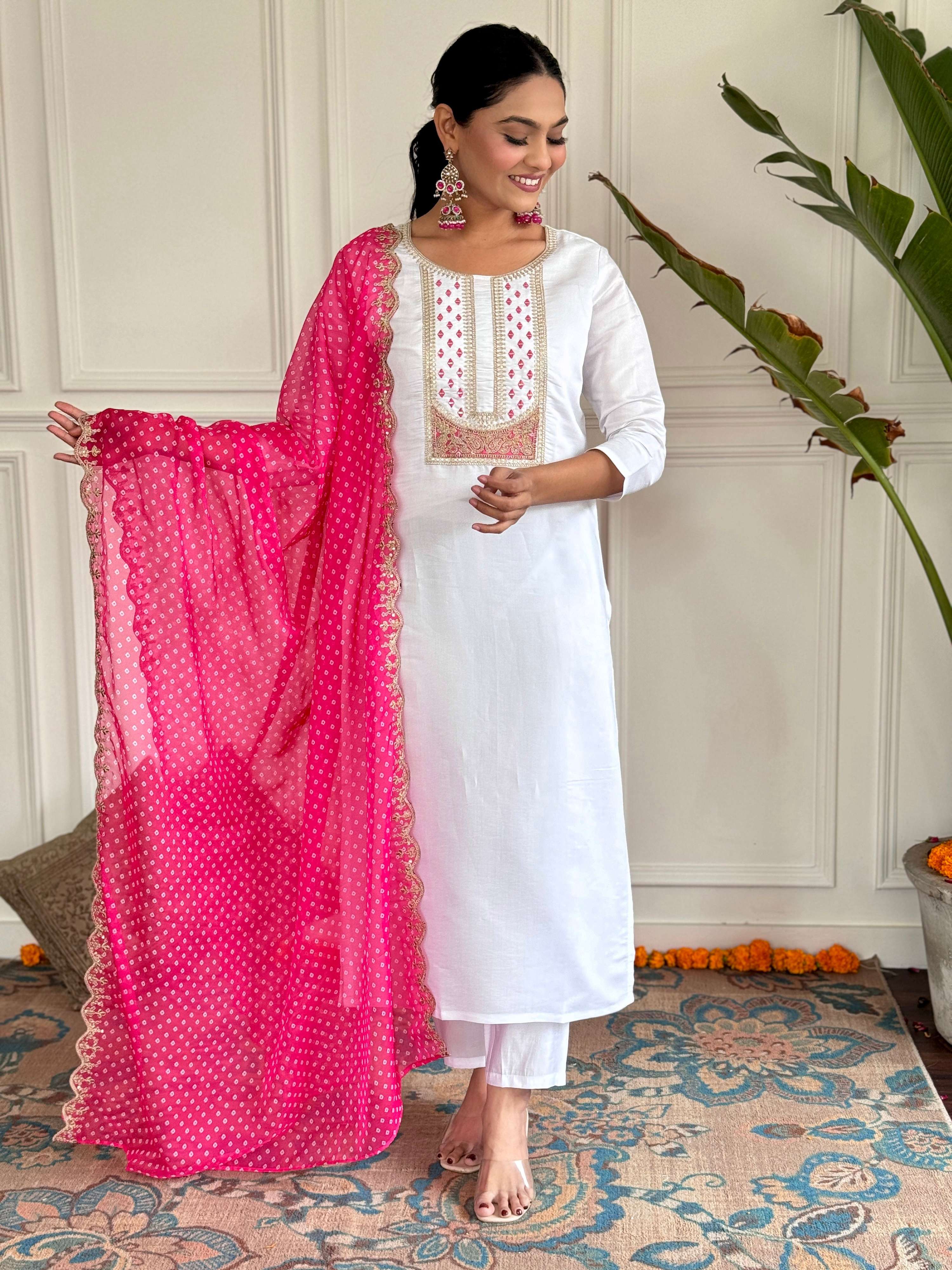 The52 Women's White Viscose Rayon Embroidered Straight Kurta with Pant And Dupatta Set