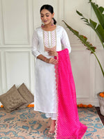 Thumbnail for The52 Women's White Viscose Rayon Embroidered Straight Kurta with Pant And Dupatta Set