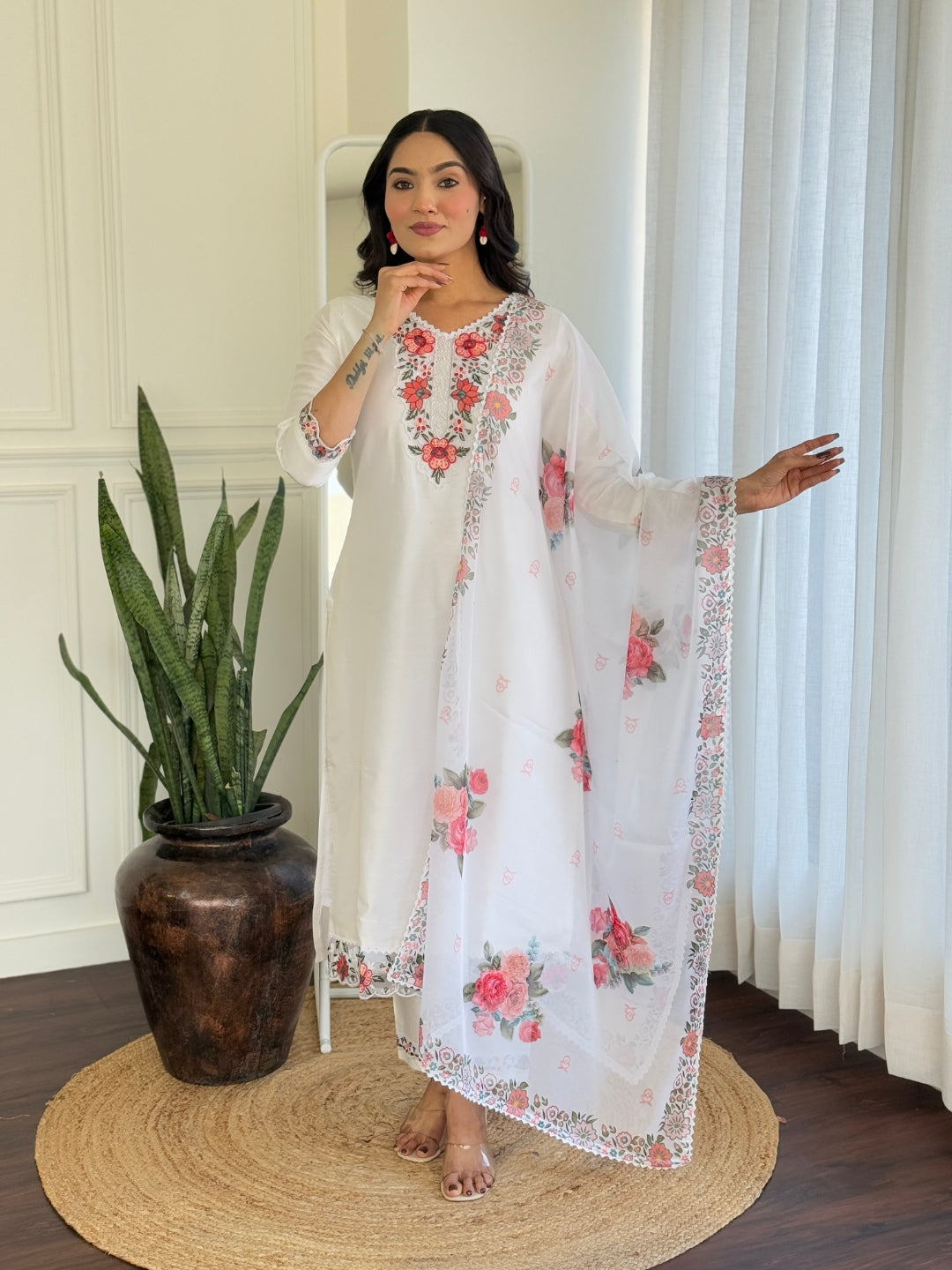 The52 Thread work on Viscose Fabric Straight Kurta, Pant and Dupatta Set