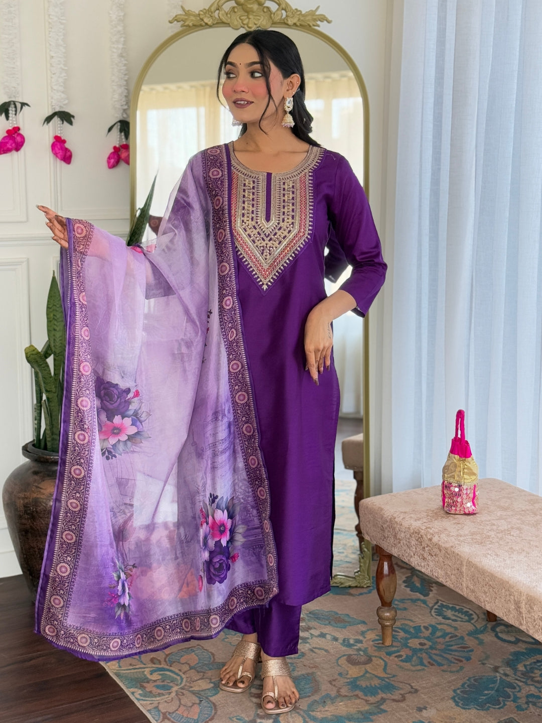The52 Embroidered Rayon Fabric Straight Kurta, Pant and Dupatta Set