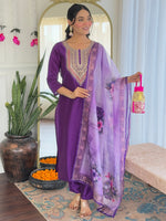 Thumbnail for The52 Embroidered Rayon Fabric Straight Kurta, Pant and Dupatta Set