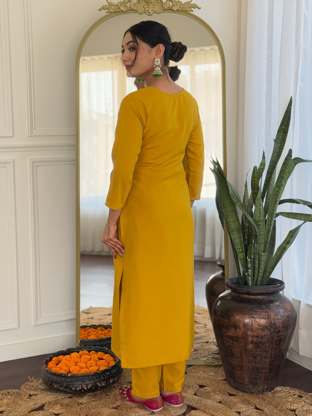 The52 Mustard Embroidered Rayon Fabric Straight Kurta, Pant and Dupatta Set